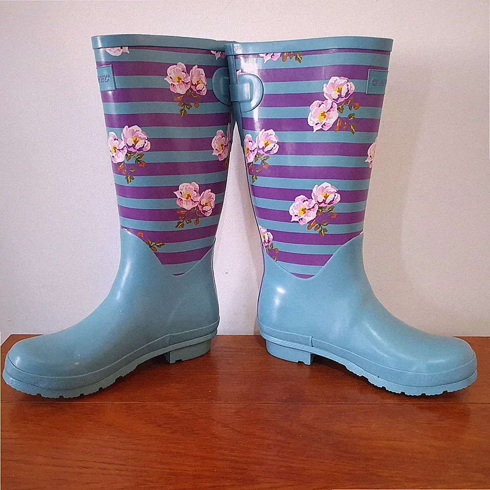 Hi-Tec Damen Gummistiefel Blumen Streifen UK 7 Festival Gummistiefel