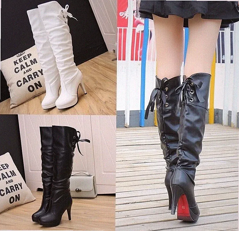 High Heels Boots Neu Overknee Stiefel Damen Wasserdicht Plateau Schuhe Sexy DE~