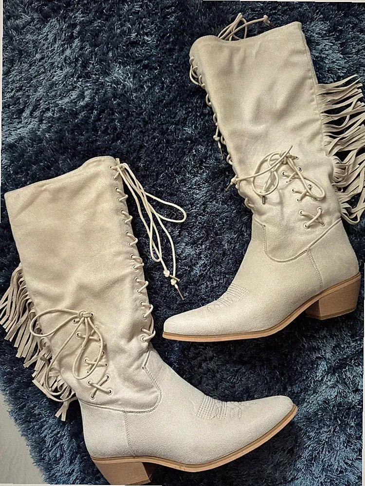 Hippie Sommer Stiefel, Beige, Fransen, Seitlicher Reißverschluss , Gr 39
