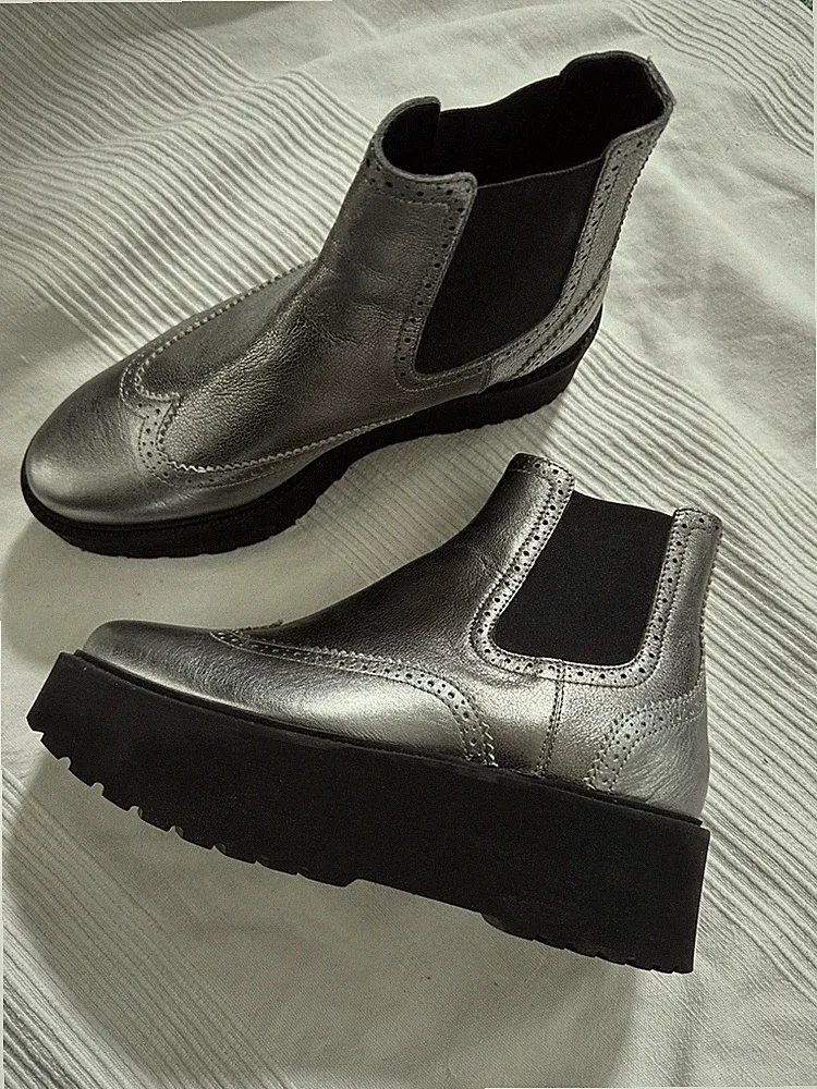 HOGAN Gr.36 Stiefeletten Plateau silber Leder Stiefel Budapester Chelsea