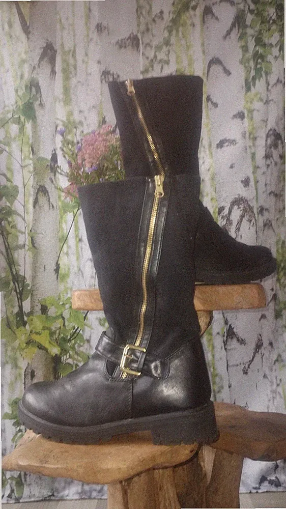 Hohe Stiefel Reißverschluss Leder Optik Faux Wildleder Gothic Schnalle 39 Vegan