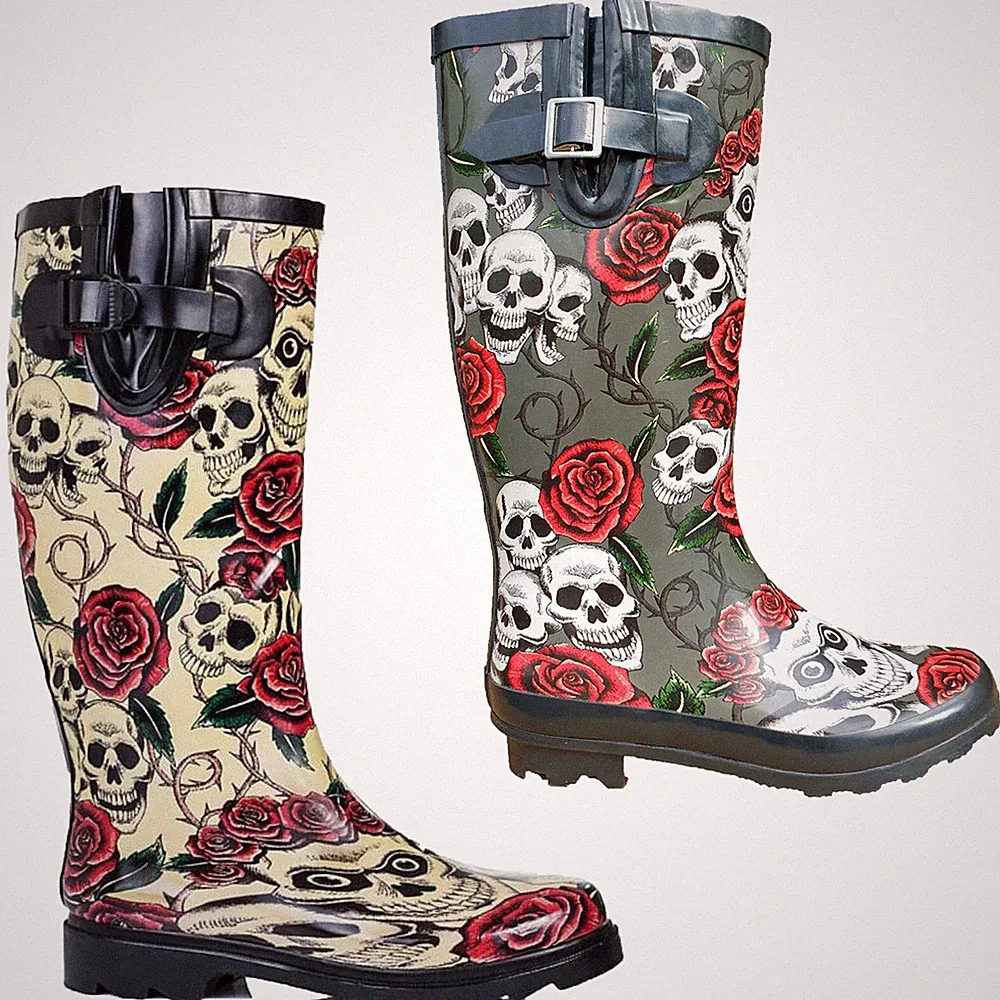 Hohe wasserdichte Damen-Gummistiefel Totenkopf & Rosen Regenstiefel Schnalle bequemer Griff