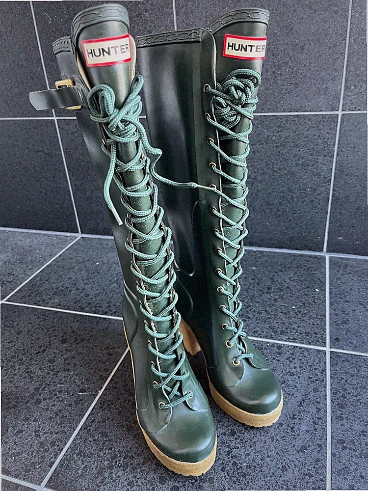 HUNTER LAPINS GUMMISTIEFEL 35/36 Grun, Absatz, Schnürung, Latex Rubber Boots Hig