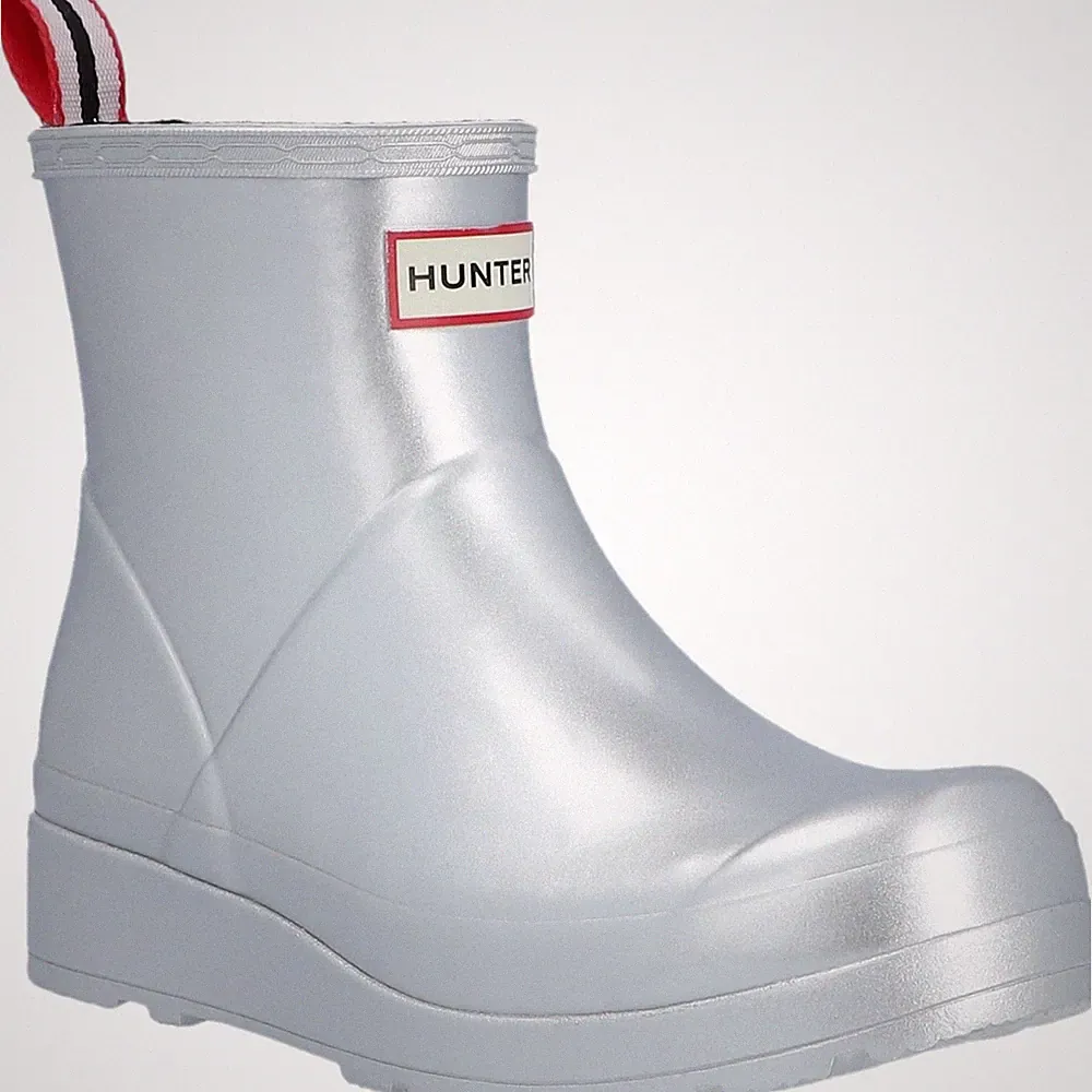 Hunter Play Short Boot Metallic Gummi Damen Silberne Gummistiefel