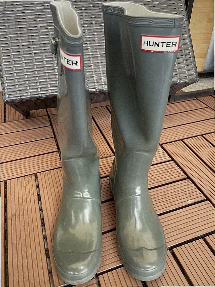 Hunter Wellington 38 Wellies Gummistiefel Grau Grün Khaki Gloss Original Tall