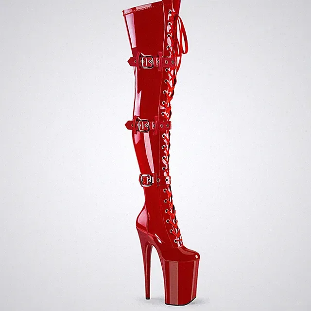 INFINITY-3028 Pleaser High-Heels Overkneestiefel rot Stretchlack 3 Schnallen