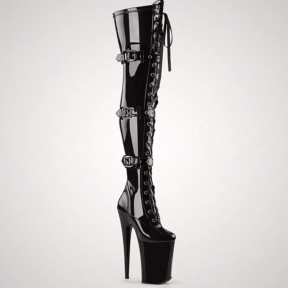 INFINITY-3028 Pleaser High-Heels Overkneestiefel schwarz Stretchlack 3 Schnallen