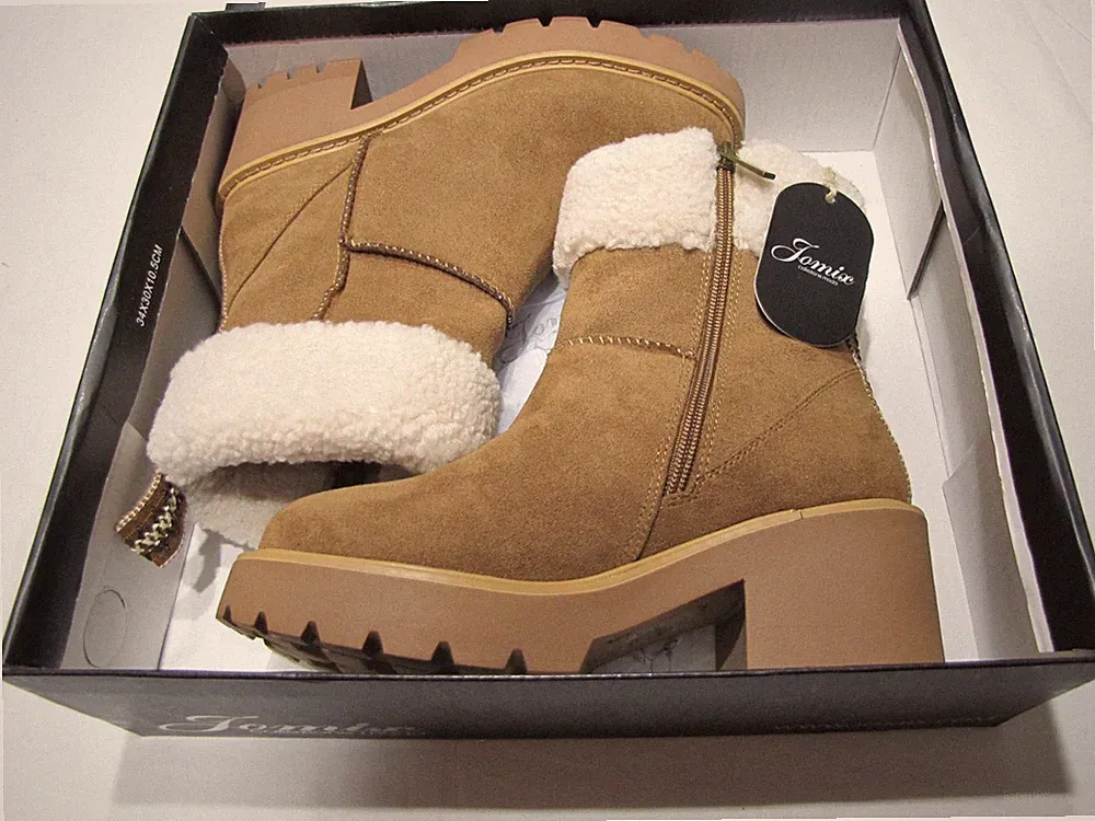 Jomix Kunstleder Fell Stiefeletten 36 Gummisohle Panzer Absatz 6 cm beige