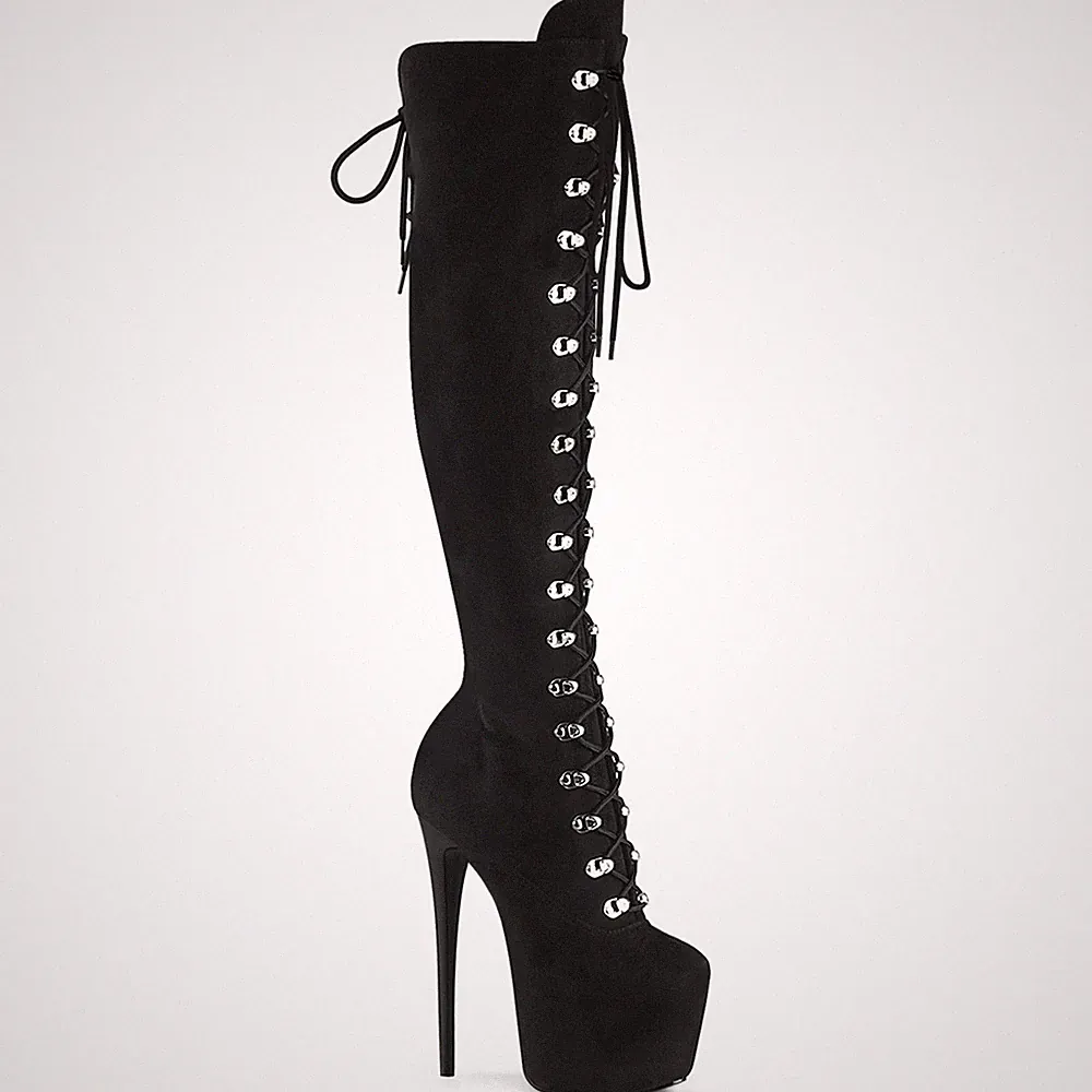 JUBILANT-3012FS Pleaser High Heels Schnür Plateauoverkneestiefel schwarz Velours