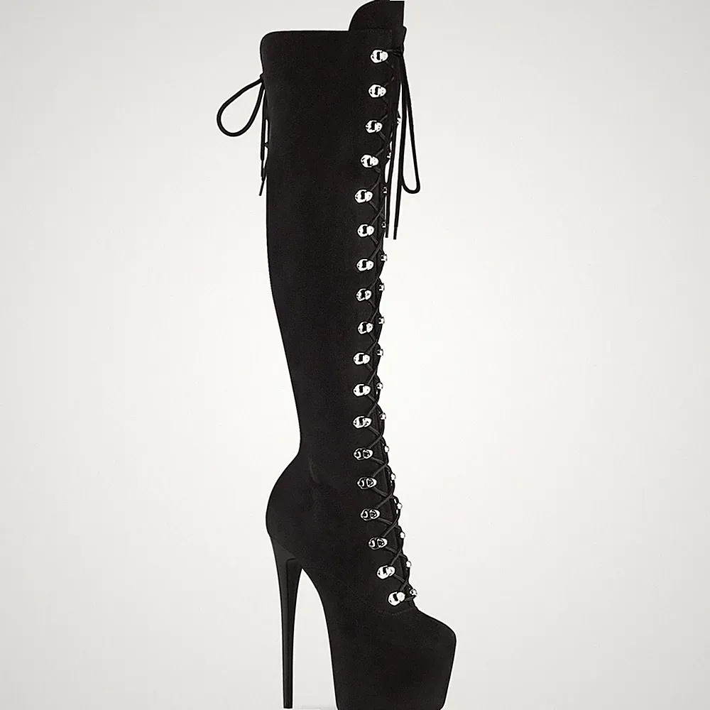 JUBILANT-3012FS Pleaser High Heels Schnür Plateauoverkneestiefel schwarz Velours