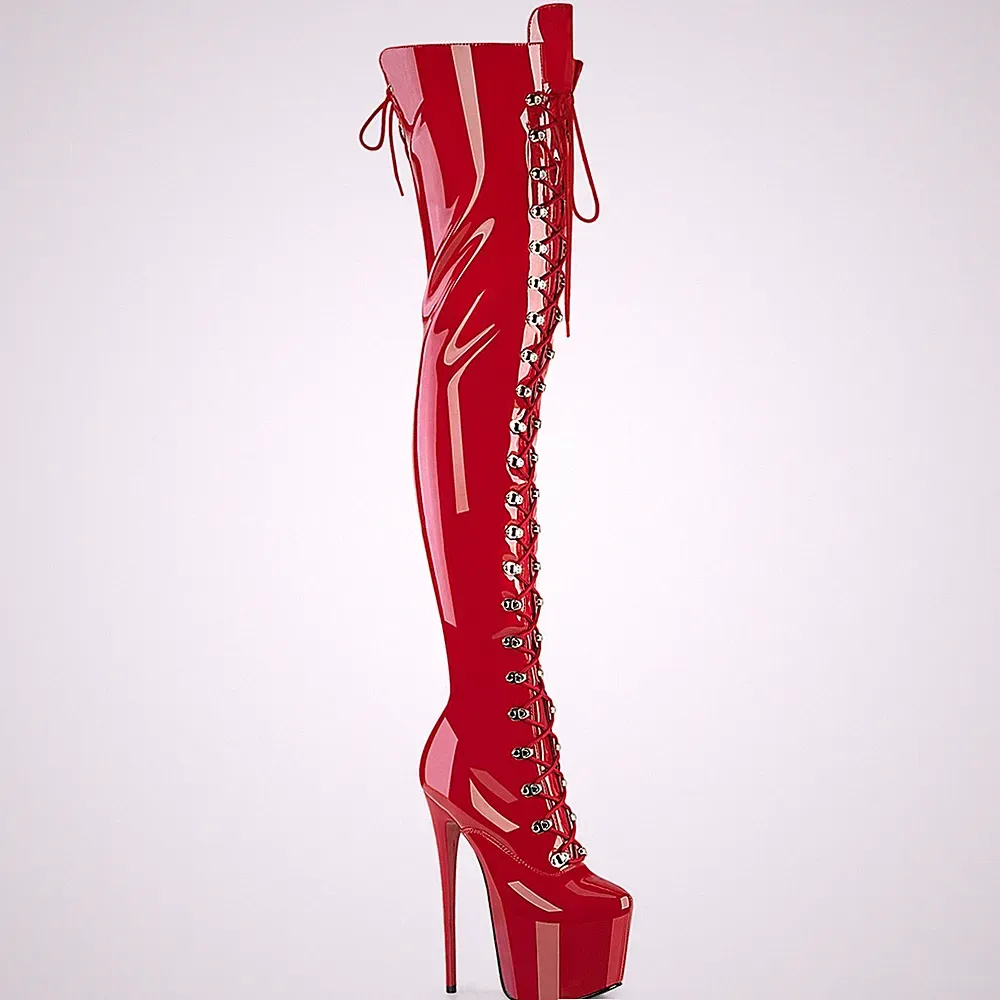 JUBILANT-4012 3012FS Pleaser Schnür Plateauoverkneestiefel rot Stretch Lack