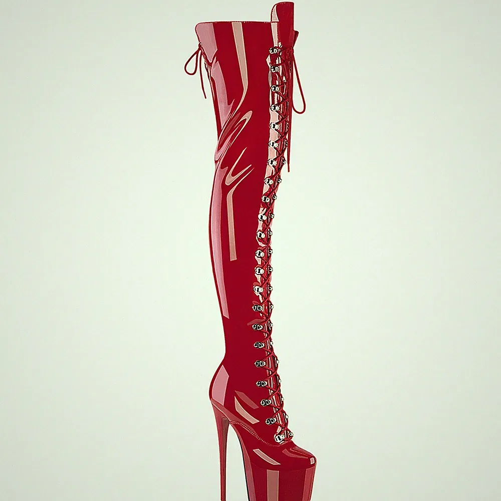 JUBILANT-4012 3012FS Pleaser Schnür Plateauoverkneestiefel rot Stretch Lack