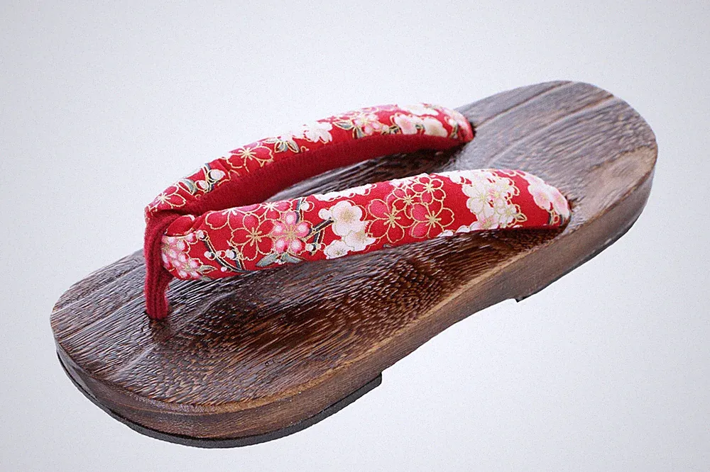 K-G-50-7 Rot Blumen Japan Geta Holz Sandale Tabi Kimono Geisha Zehentrenner