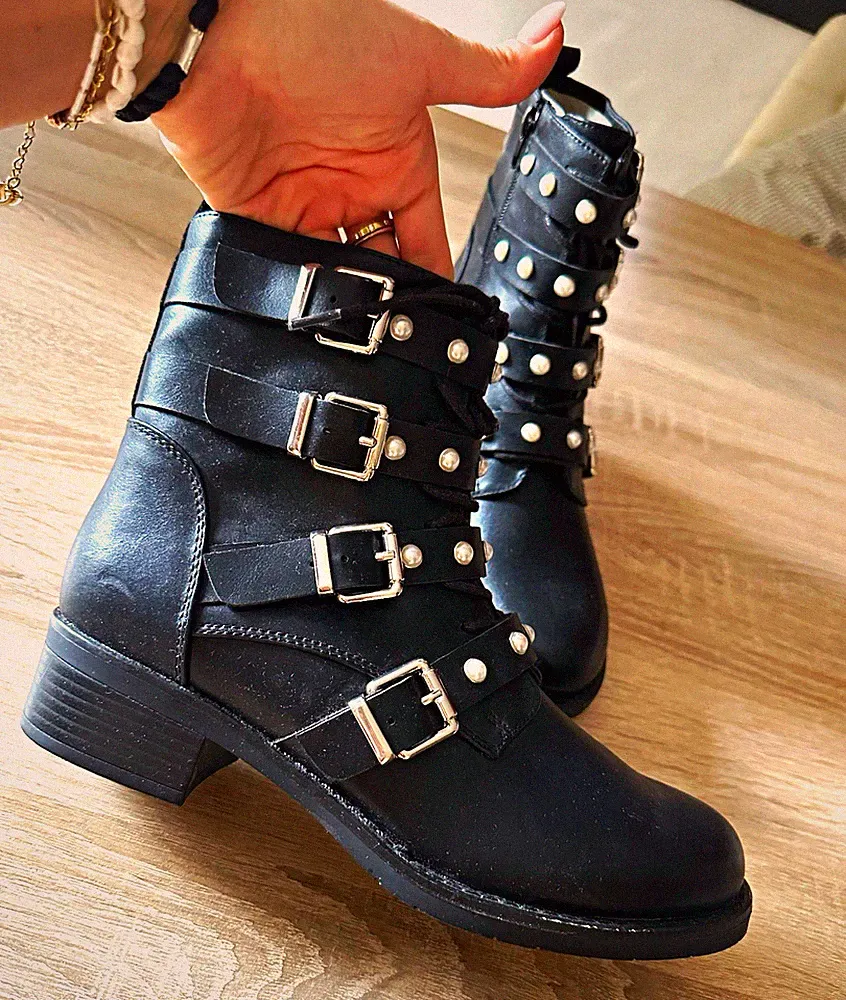 ka Damen Biker-Stiefeletten Schwarz Schnallen & Nieten Blockabsatz EU 39