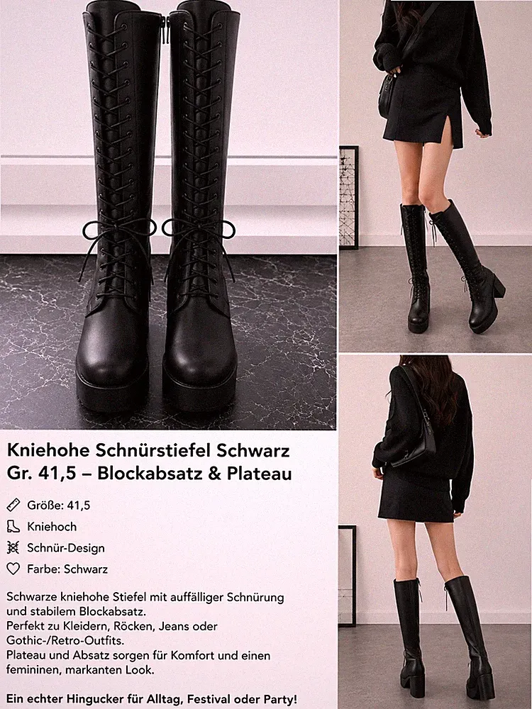 Kniehohe Schnürstiefel Schwarz Gr. 41,5 – Blockabsatz & Plateau Gothic /...