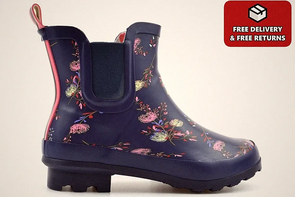 Knöchelhohe Damen Gummistiefel Damen Niedriger Absatz Gummistiefel Wasserdicht Blumenmuster