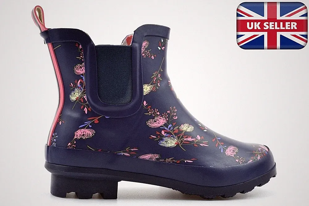 Knöchelhohe Damen Gummistiefel Damen Niedriger Absatz Gummistiefel Wasserdicht Blumenmuster