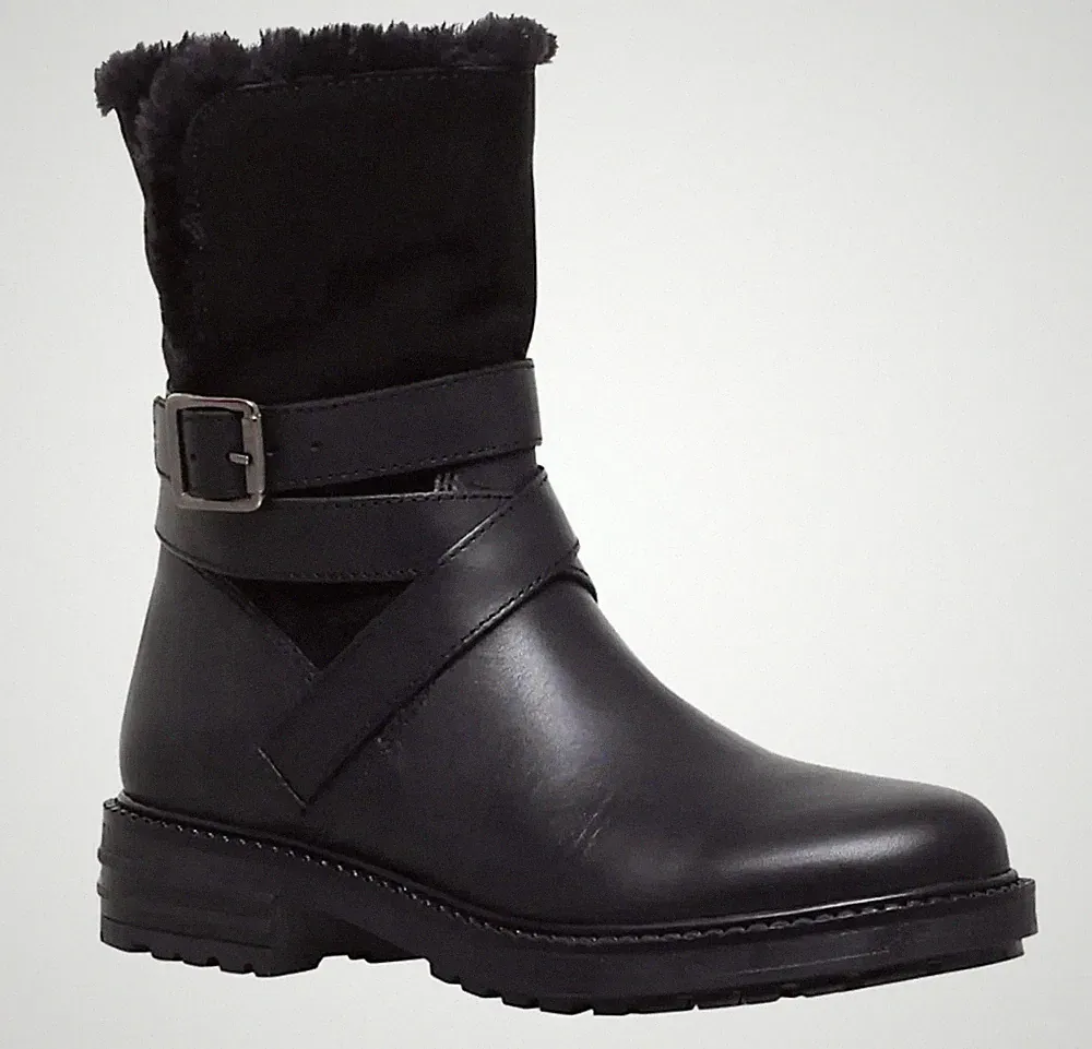 Kurt Geiger Soldat Damen Frauen UK 4 schwarz Biker-Stil Wildleder Leder Fell Stiefel