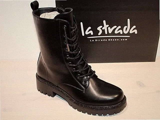 LA STRADA Stiefelette Biker Schnür-Boots Glitzer Zipper Vegan Schwarz - Neu !