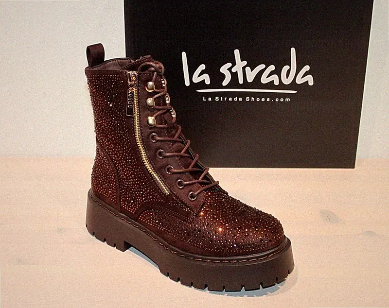 LA STRADA Stiefelette Biker Schnür-Boots Mikrofaser Glitzer Zipper Braun - Neu !