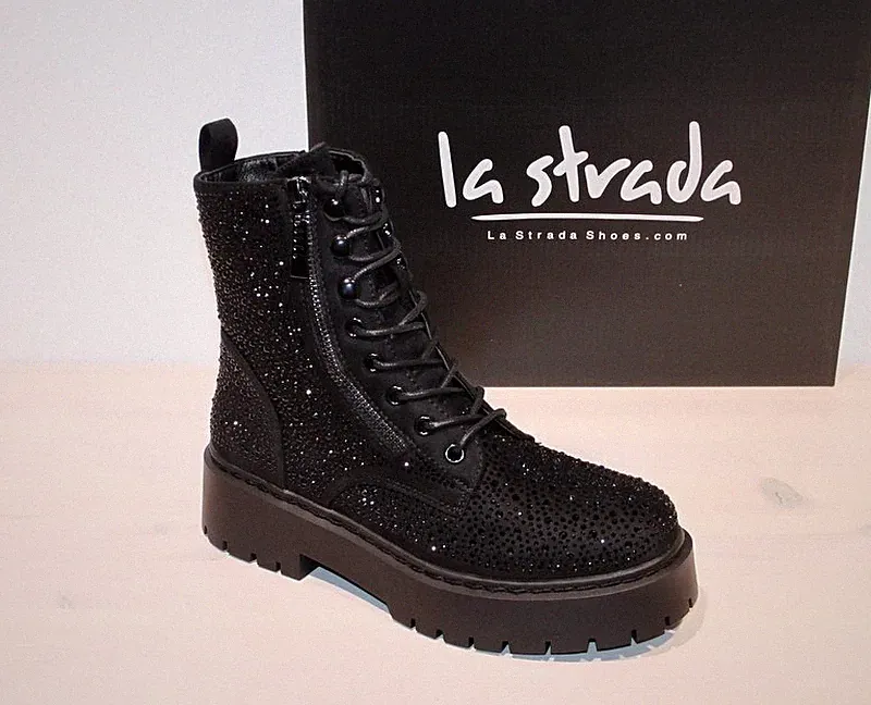 LA STRADA Stiefelette Biker Schnür-Boots Mikrofaser Glitzer Zipper - Neu !