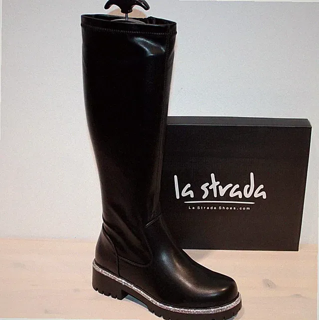 LA STRADA Stretch Stiefel Biker Boots Glitzer Zipper Vegan Schwarz - Neu !