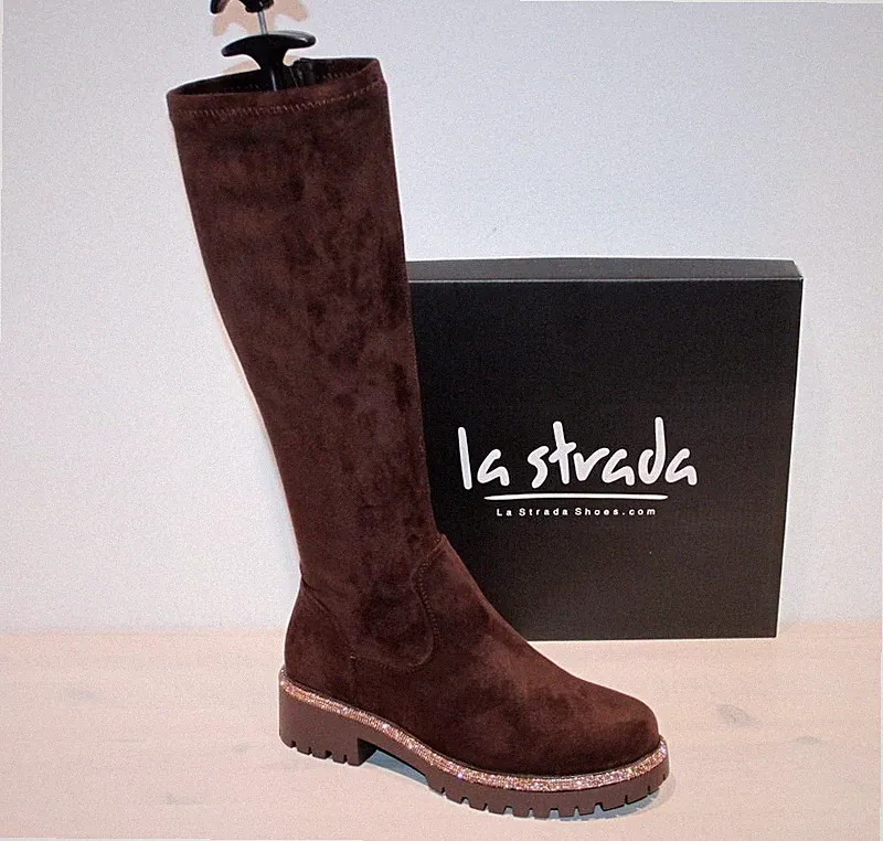 LA STRADA Stretch Stiefel Biker Boots Mikrofaser Glitzer Zipper Braun - Neu !