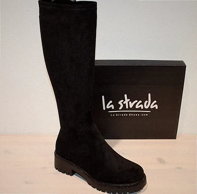 LA STRADA Stretch Stiefel Biker Boots Mikrofaser Glitzer Zipper Schwarz - Neu !