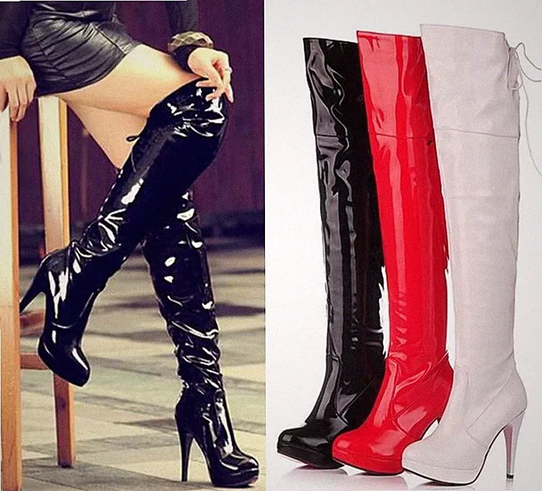 Lack Damen Overknee Plateau Lange Stiefel Sexy Schuhe GOGO High Heels Angepasst