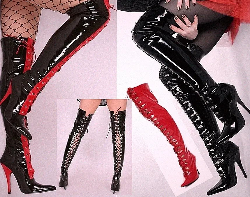 Lack Overknee High Heels schwarz,rot mit Schnürung von Kassiopeya Gr 36-46 NEU