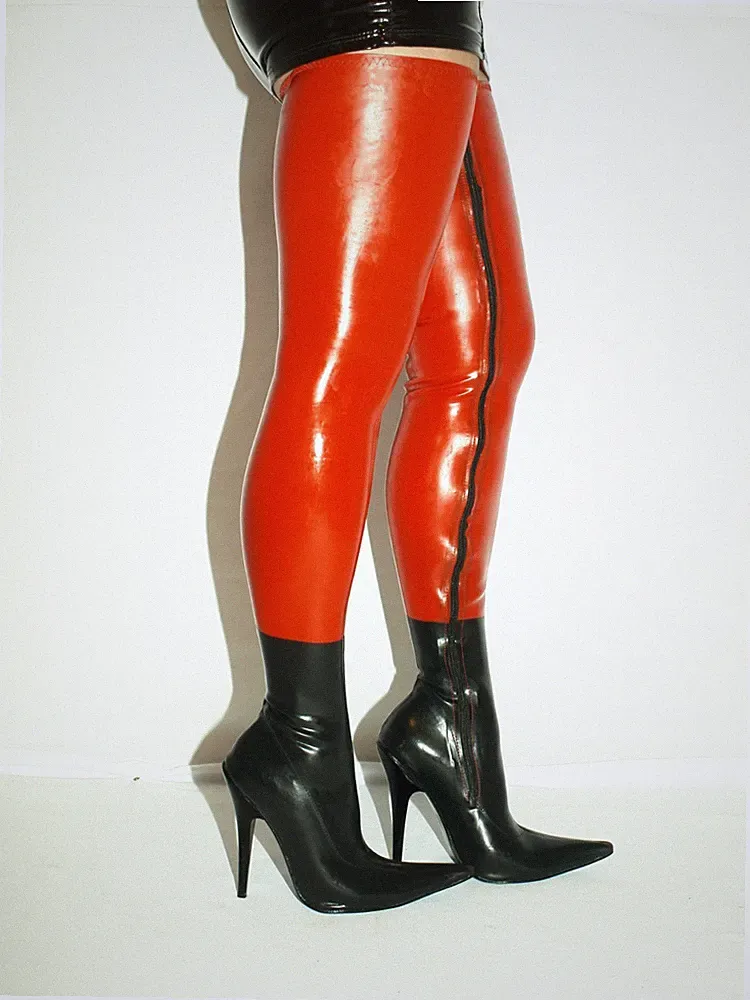 Lateks gummi Stiefel Overknee schwarz - rot unisex Absatz 13cm spitz POLEN