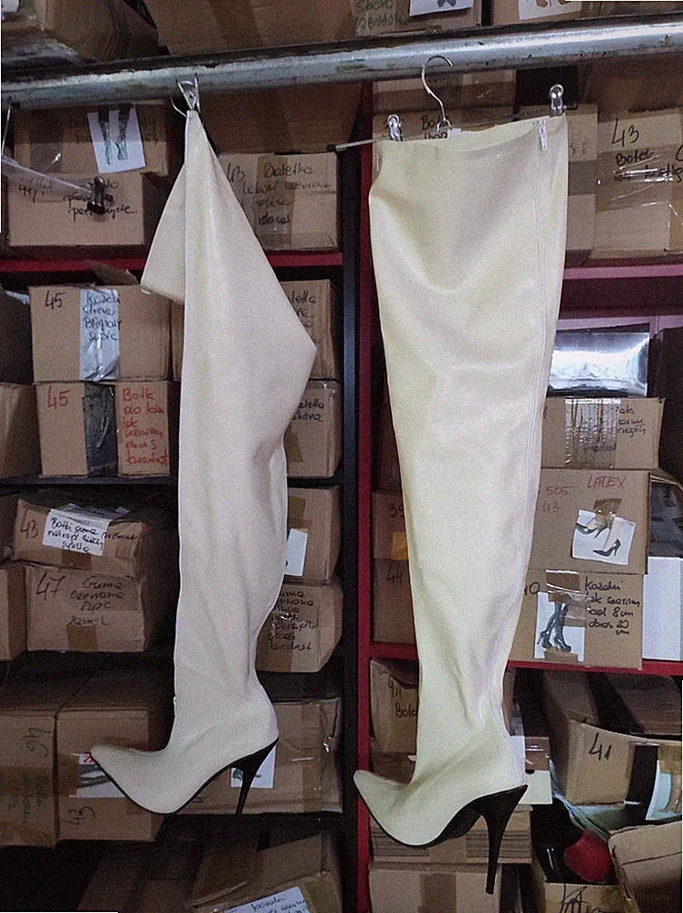 Lateks gummi Stiefel overknee Weiß Absatz 13cm grobe 42