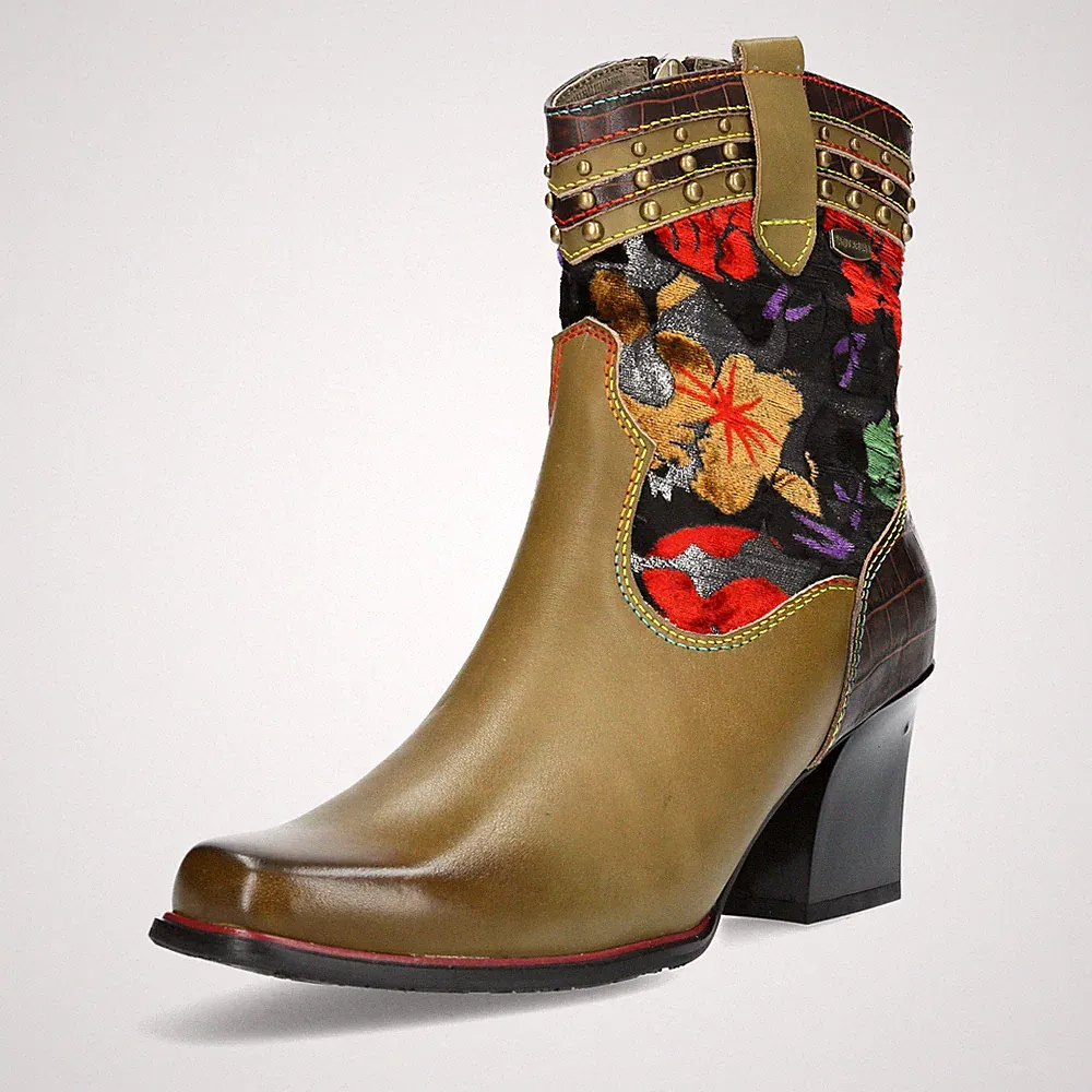 Laura Vita Damen Stiefelette Cowboy Western Boot Blumen floral Nieten Onao 01