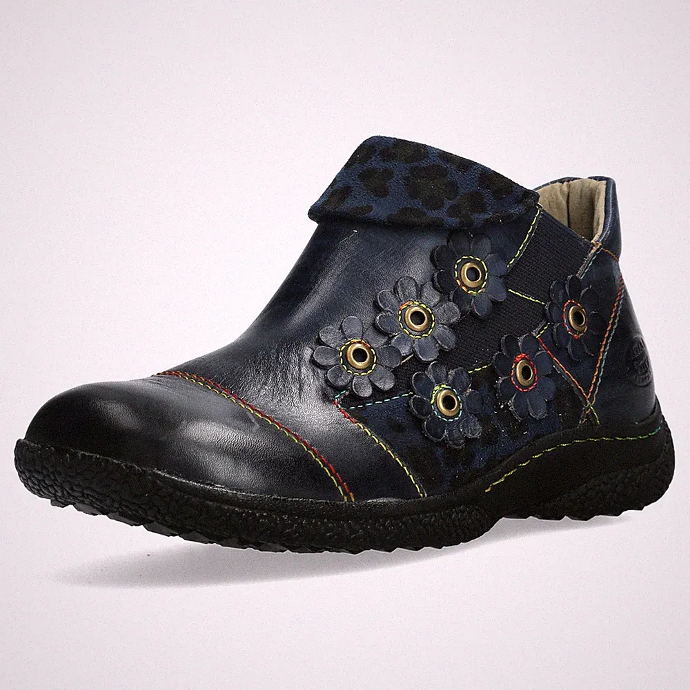 Laura Vita Damen Stiefelette Krempe mit Leo Muster Blütenapplikation Goctho 12