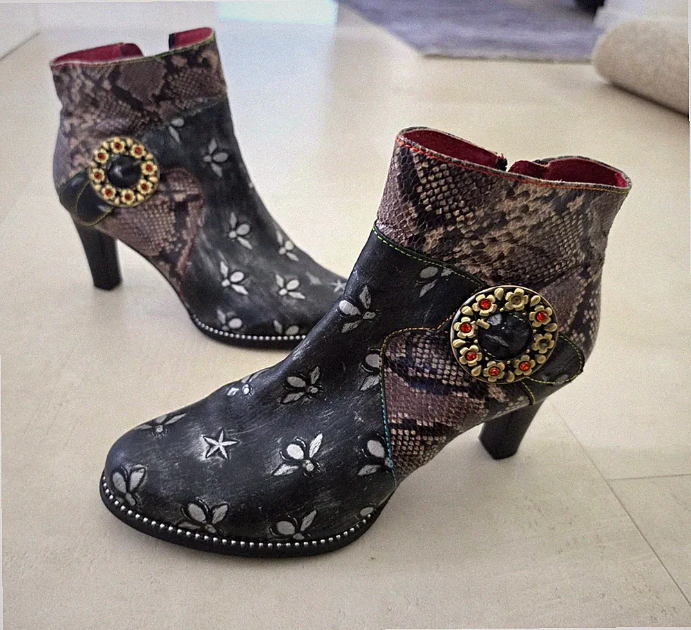Laura Vita Damen Stiefelette Leder schwarz braun Blumen Schlange Muster EU 42