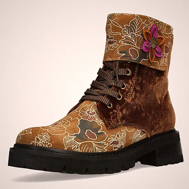 Laura Vita Damen Stiefelette mit Blumenmuster Samt und Plateau Kouleo 04