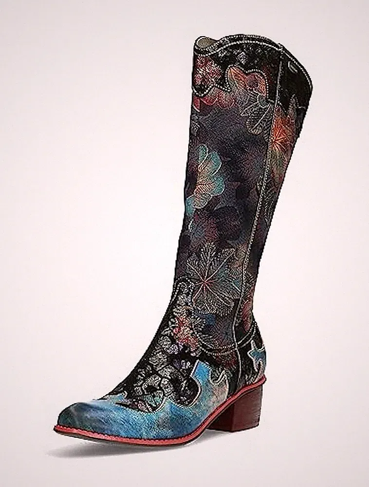 Laura Vita Stiefel Gecaio 14 Blau Blumen Nubukleder Langschaftstiefel Absatz