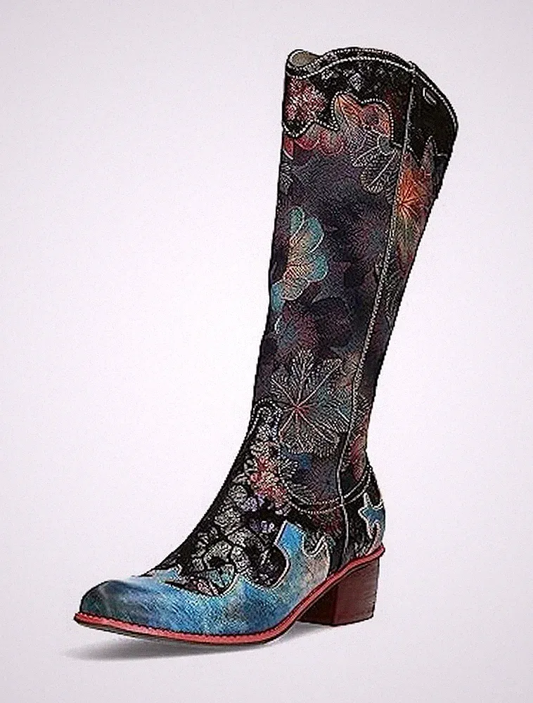 Laura Vita Stiefel Gecaio 14 Blau Blumen Nubukleder Langschaftstiefel Absatz