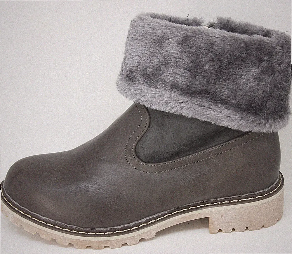 LEDER OPTIK KURZE STIEFELETTEN EXTRA WARM MIT FELL GRAU F-34
