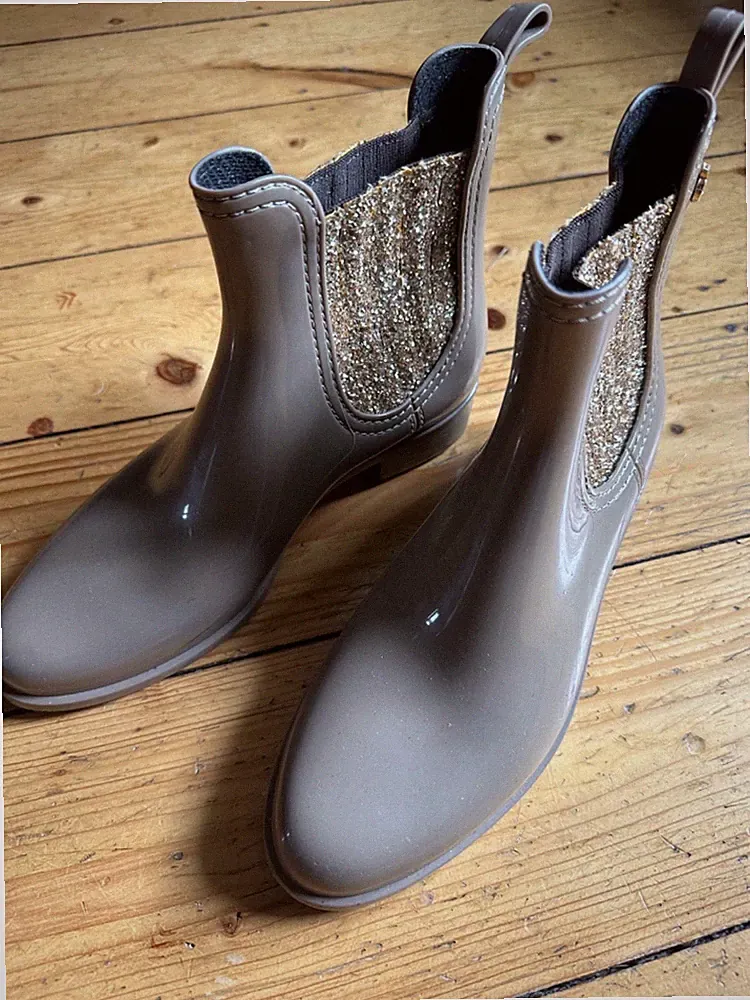 Lemon Jelly Damen Gummistiefel, Gr. 38 (eher 37), Sandfarbe mit Goldglitzer