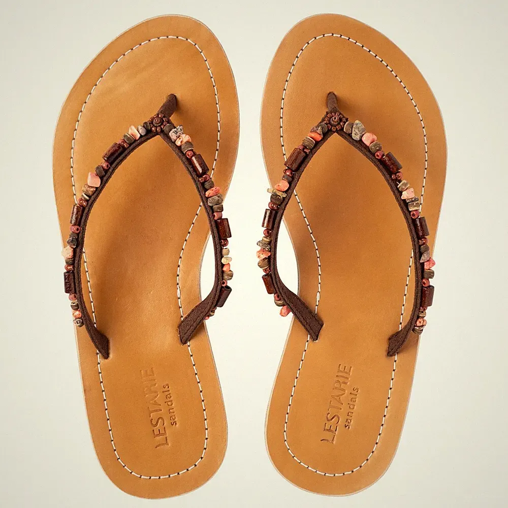 Lestarie Damen Sandale Echtleder Zehentrenner Flip Flops Zehensteg Sandalen