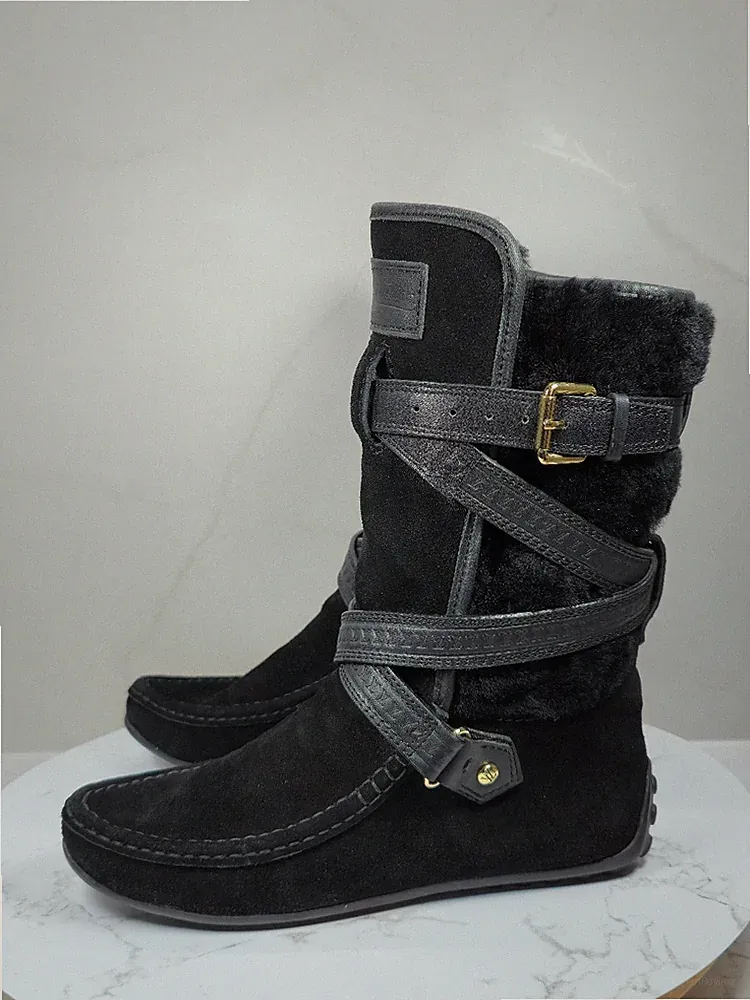 Louis Vuitton Damen Winterstiefel Schwarz Wildleder Lammfell mit Lederriemen 37