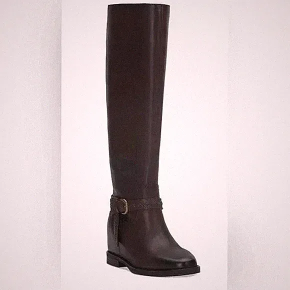 Lucky Brand Maltet Hoch Schnalle Reitstiefel Schokolade Leder 9.5M Mandel Zehen