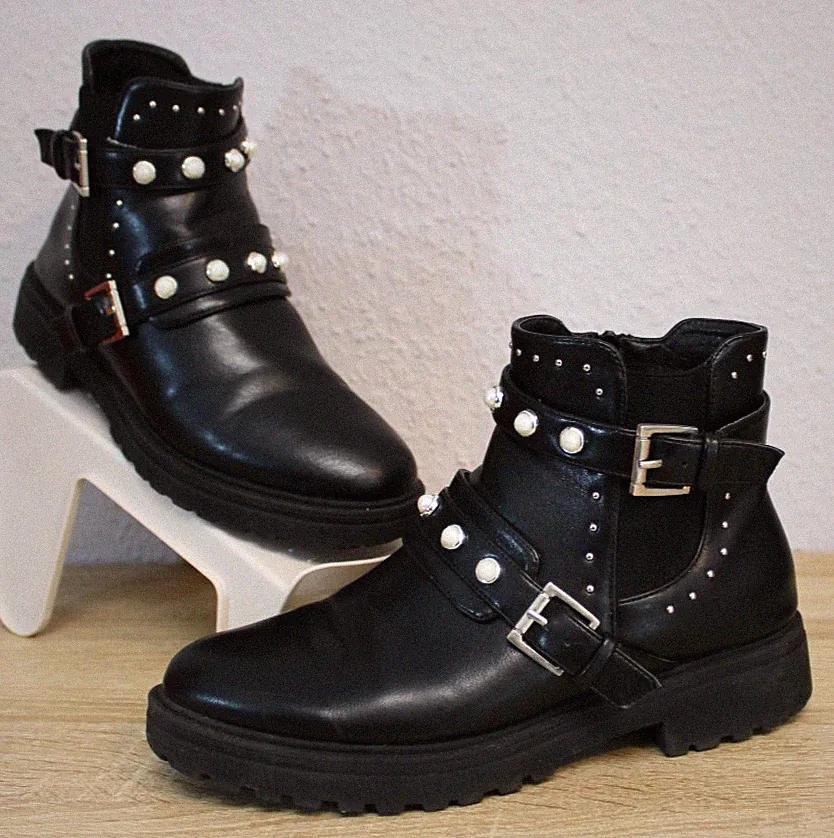 🖤 Lucky Shoes 🖤rockige Chelsea Boots Nieten Schnalle 38 schwarz 🖤