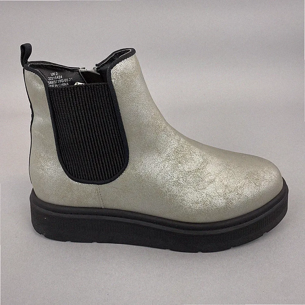 M&S Collection Silber Kunstleder Vegan Ankle Zip Chelsea Keilabsatz Stiefel 34,5 UK2