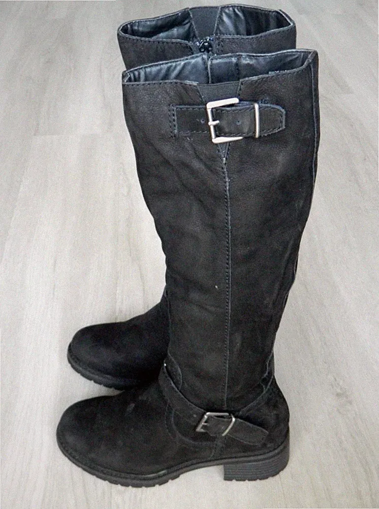 M&S Damen Biker Knie Stiefel Schwarz Leder Größe 4 / 37 Weite Passform