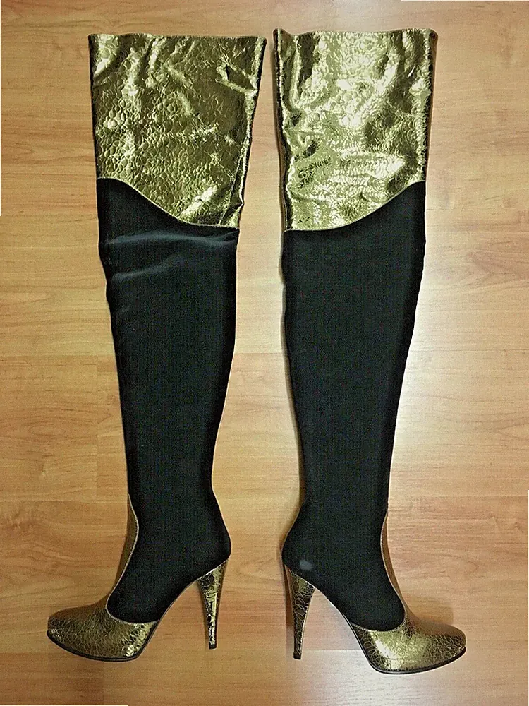 ‼️MADE IN ITALY🇮🇹‼️OVERKNEE HIGH HEEL EXTREM STILETTO BOOTS BLACK GOLD 42-43‼️