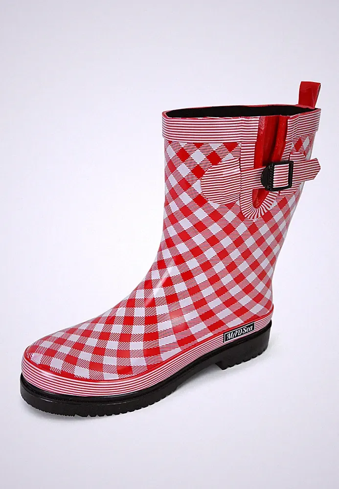 MADSea Damen Gummistiefel Checkered rot Halbschaft Regenstiefel halbhoch stabil