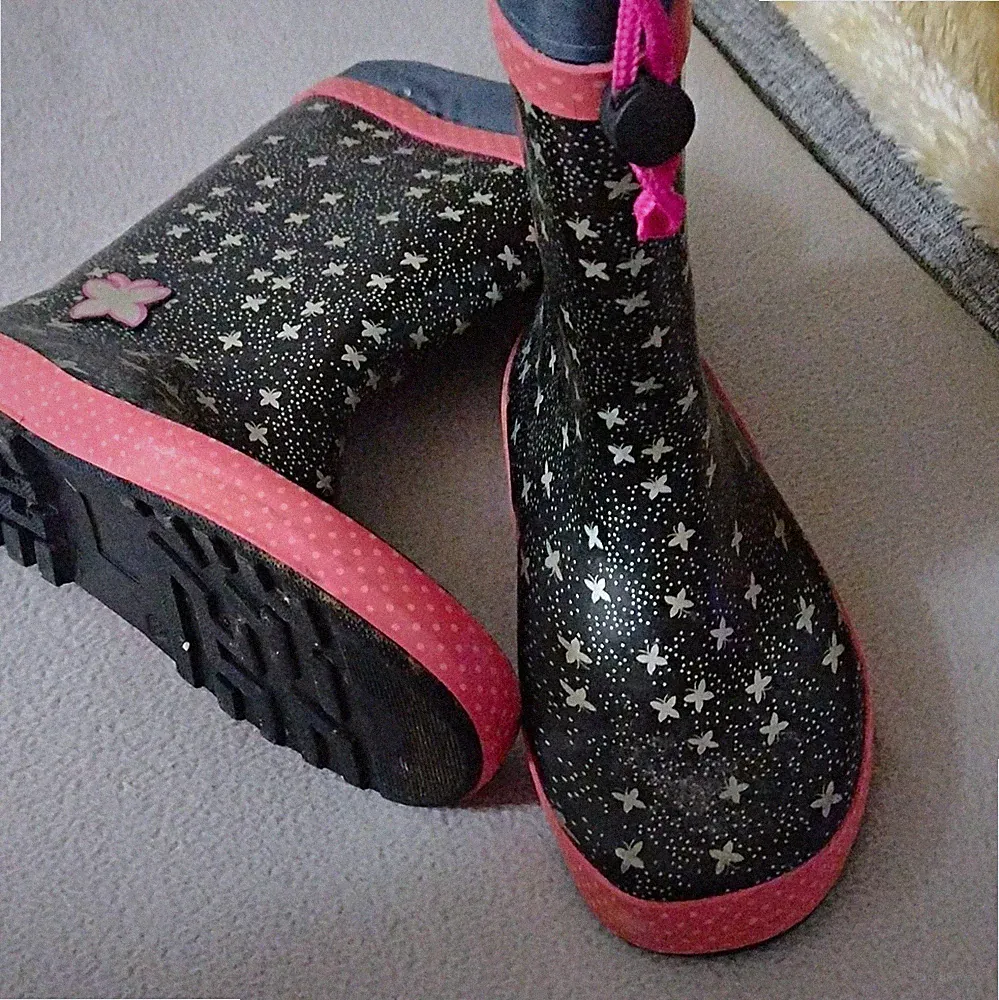 Mädchen Gummistiefel Schmetterlingmuster Schwarz/Rosa/Weiß EU 33 Mid Top Rund