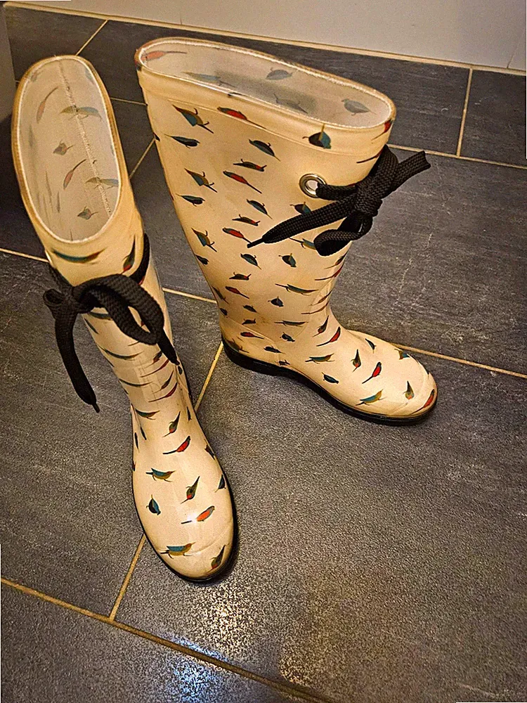 Marc by Marc Jacobs Damen Gummistiefel EU 39 Beige Vogel-Print Schnürung
